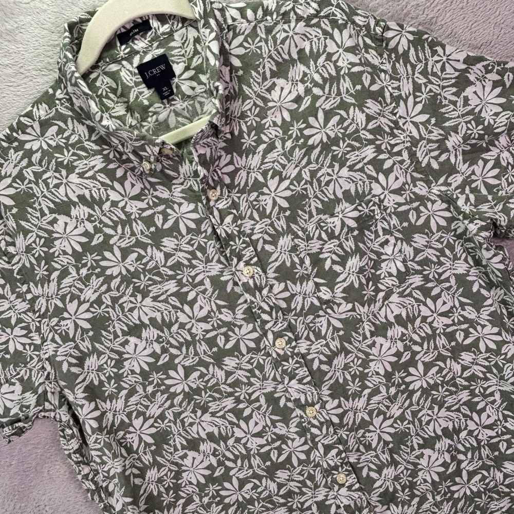 J.Crew Mens Shirt Sz XL Green Floral Linen Cotton Slim Fit Short Sleeve Vacation
